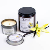 vanilla premium soy wax candle by brigid trading company kitsap county washington handmade us grown sustainable soy wax independent company large and small vanilla candles on white background with vanilla flower and vanilla pods original studio photography by brigid trading company llc 2025